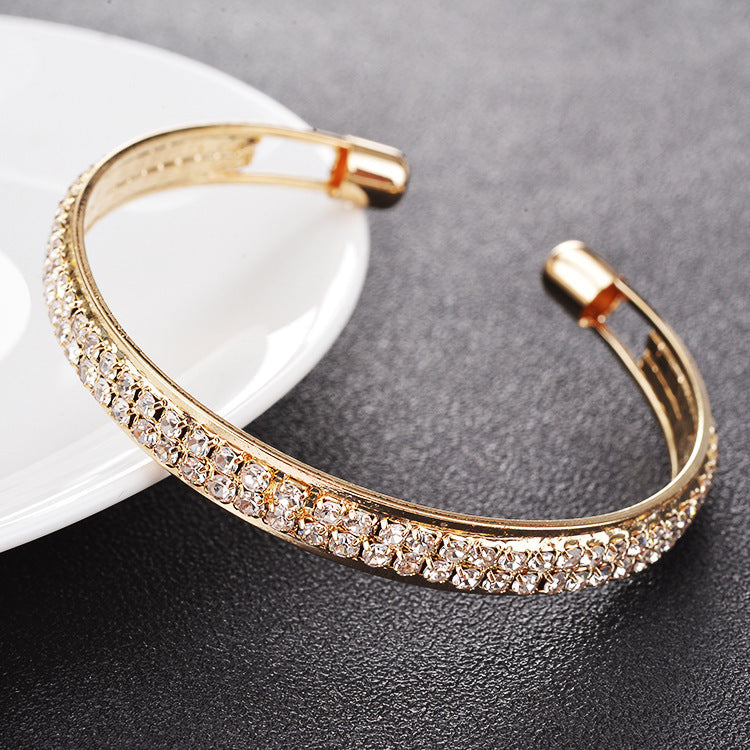Women's High Quality Popular Rose Gold Sier Diamond 2 Rows Open-ended Bracelets