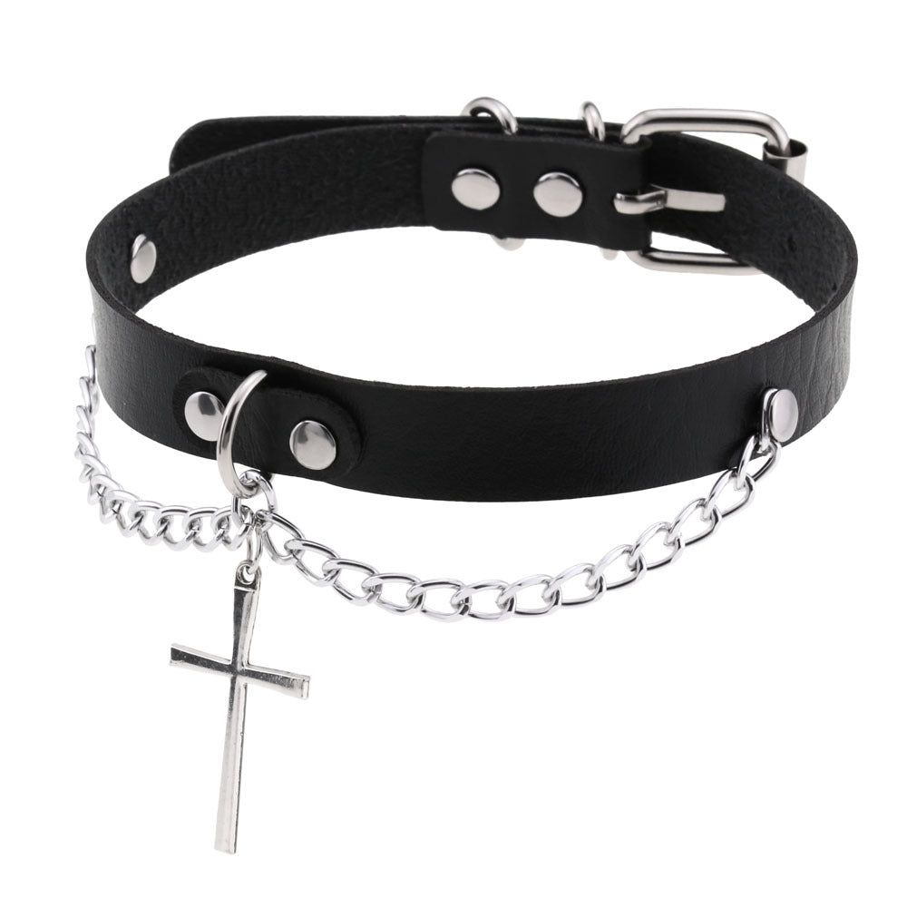 Leather Chain Cross Clavicle Classic Neckband Collar
