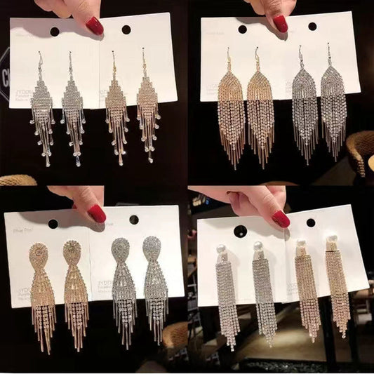 Women's Fashion Exaggerated Rhinestone Long Fringe High-grade Earrings