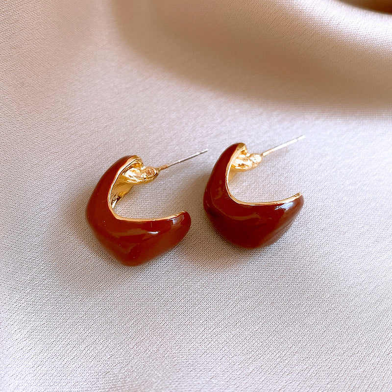 Women's Sier Needle Red Geometric Ear Korean Earrings