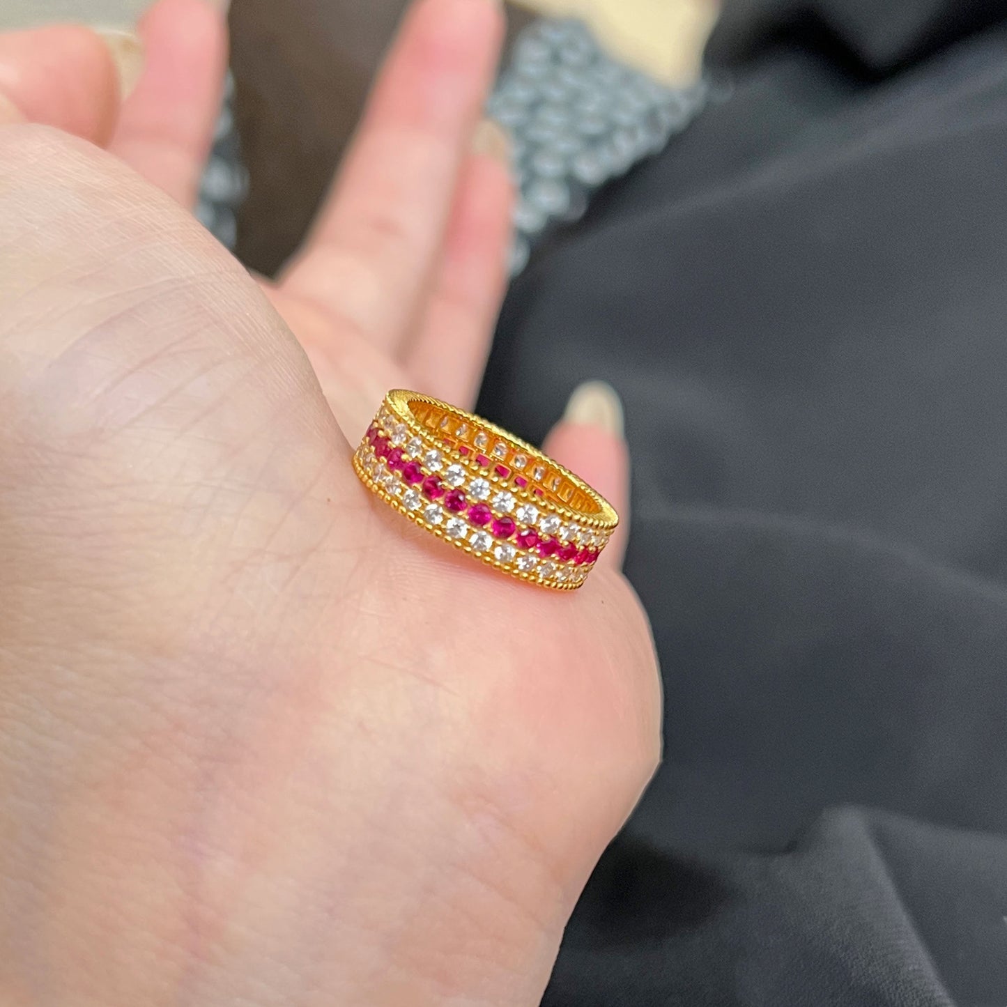 Women's Rose Sterling Sier Classic Red Treasure Three-row Rings