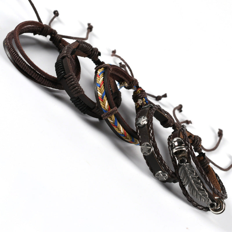 Vintage Weave Cattle Leather Leaves Star Combination Bracelets