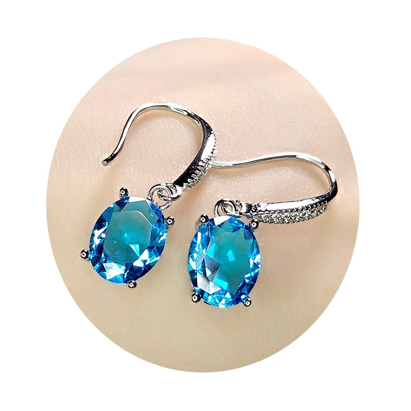 Aquamarine Stone Temperament Egg-shaped Sapphire Inlaid Ear Hook