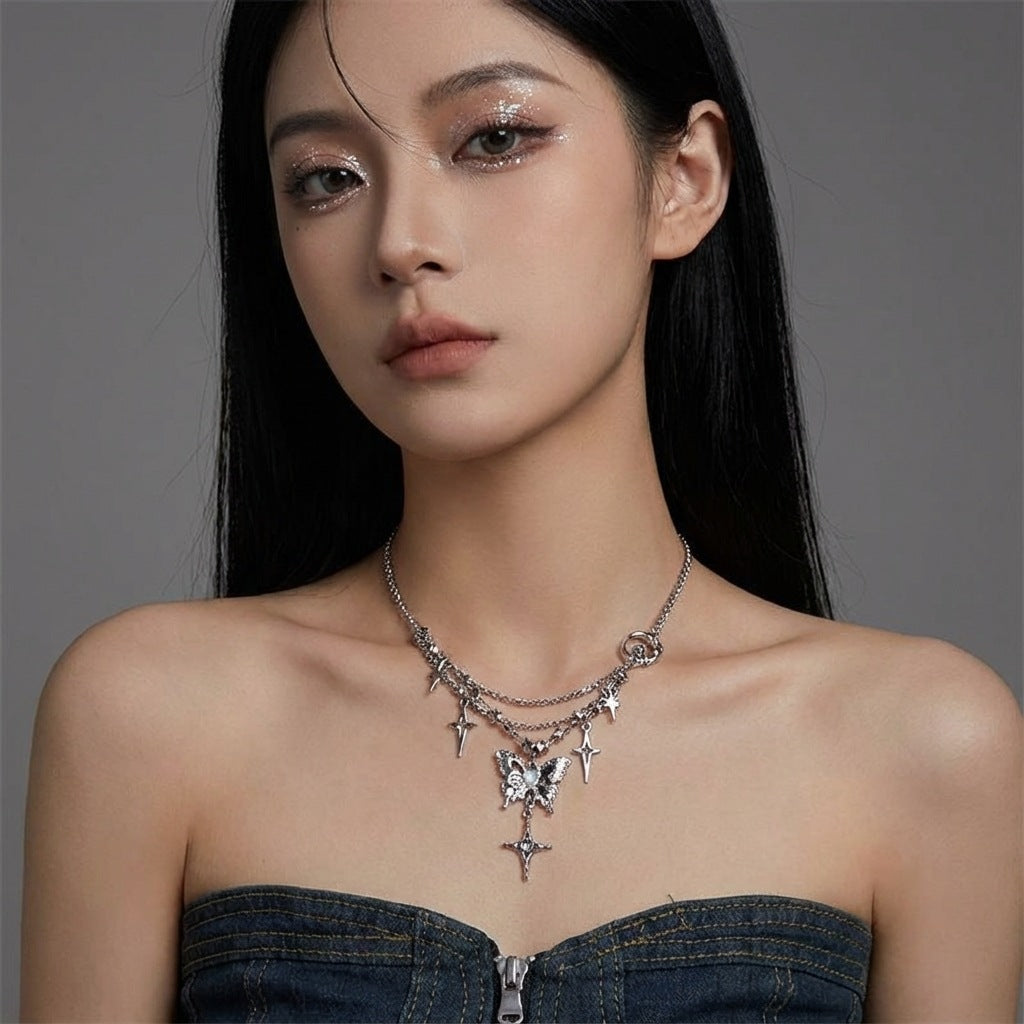 Cool Hot Rhinestone Butterfly Star Moon Tassel Multilayer Collarbone Female Necklace
