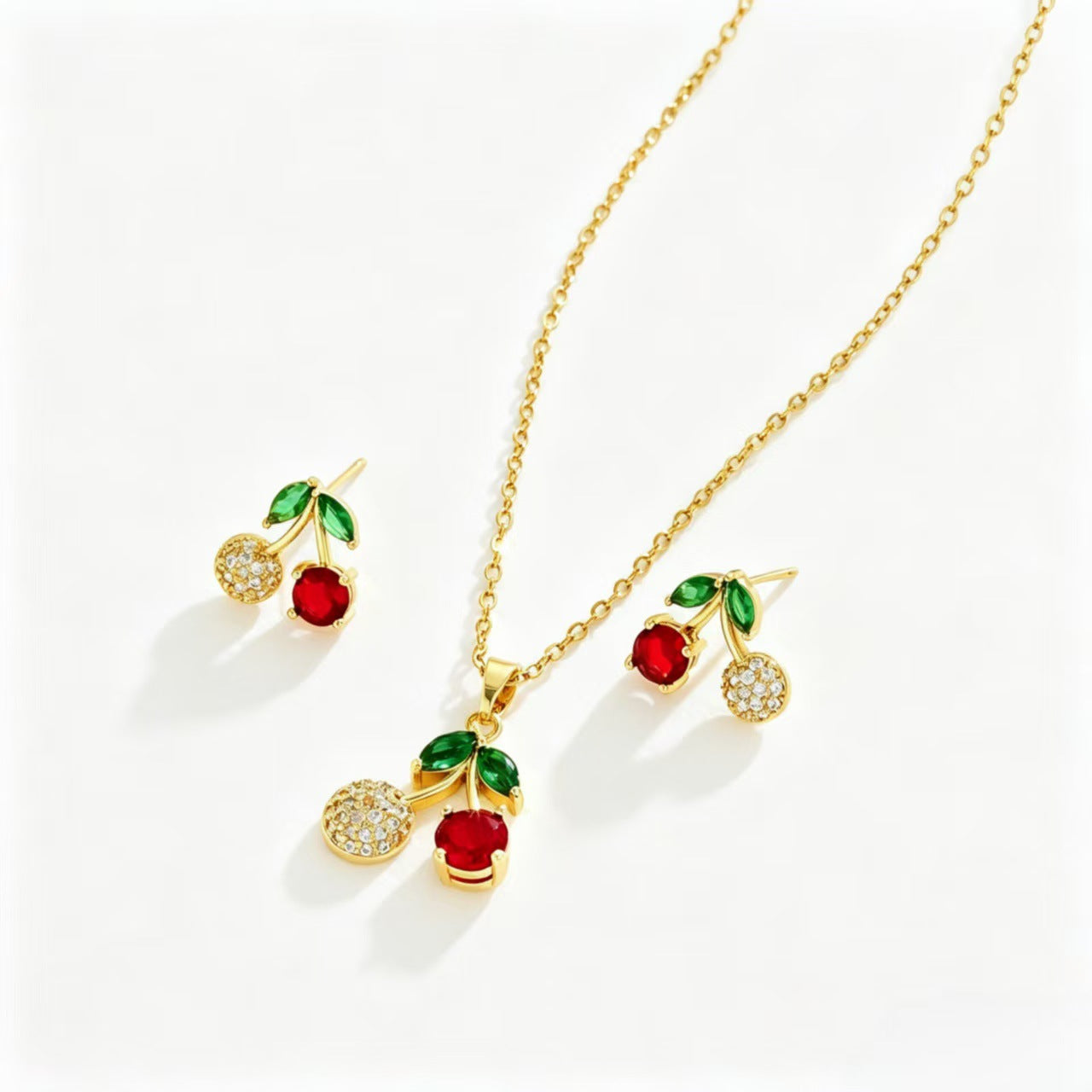 Cherry Suite Red Green Zircon Vitality Girlish Style Daily Commuter Jewelry Set