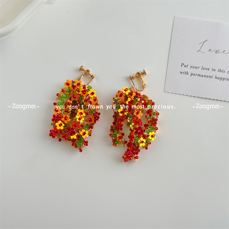 Imported Laser Flower Handmade Ear Clip Beaded Combination Earrings