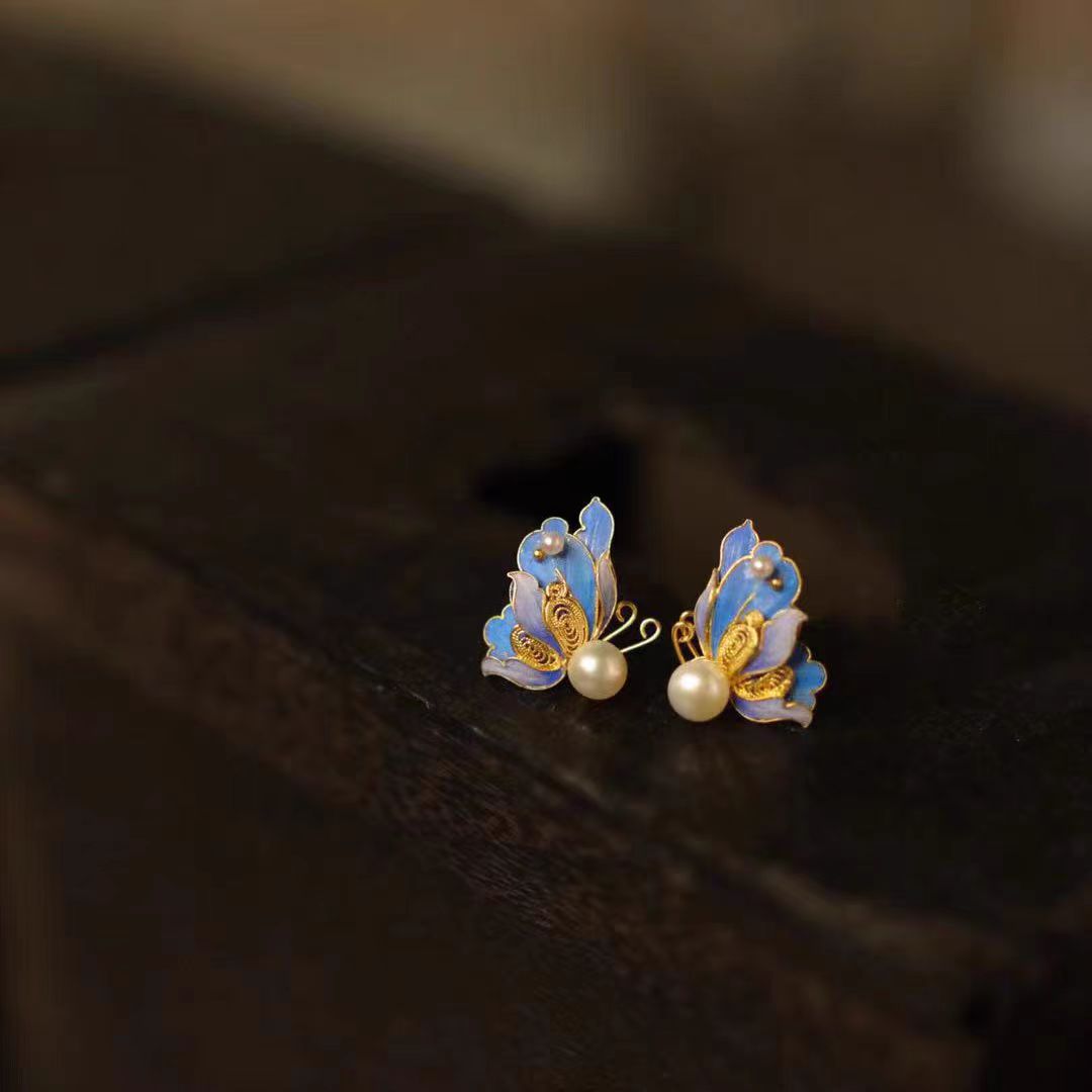 Sier Gilding Filigree Enamel Simple Butterfly Craftsmanship Stud Earrings