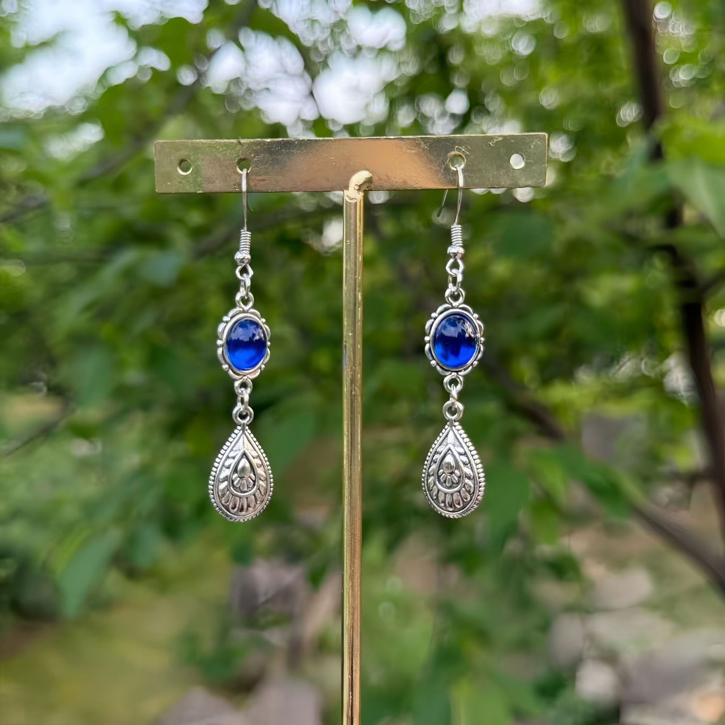 Bohemian Retro Sapphire Water Drop Distressed Ethnic Style Earrings