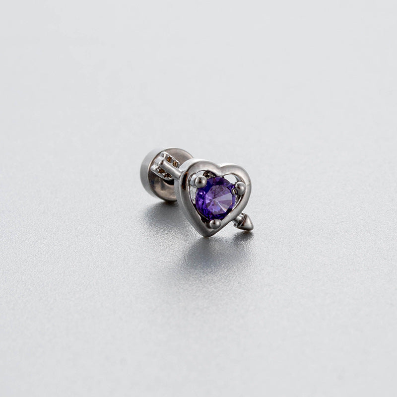 Steel Ear Bone Purple Heart-shaped Zircon Butterfly Screw High-grade Niche Rings