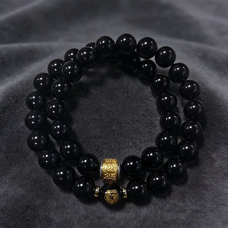 Men's Natural Obsidian Zodiac Natal Buddha Double Simple Bracelet