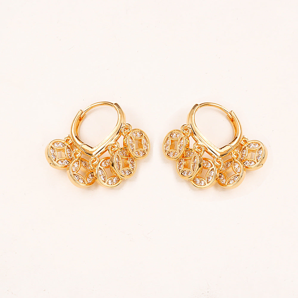 Five Coins Duo Copper Plated Real Gold Shiny Zircon Female Earrings