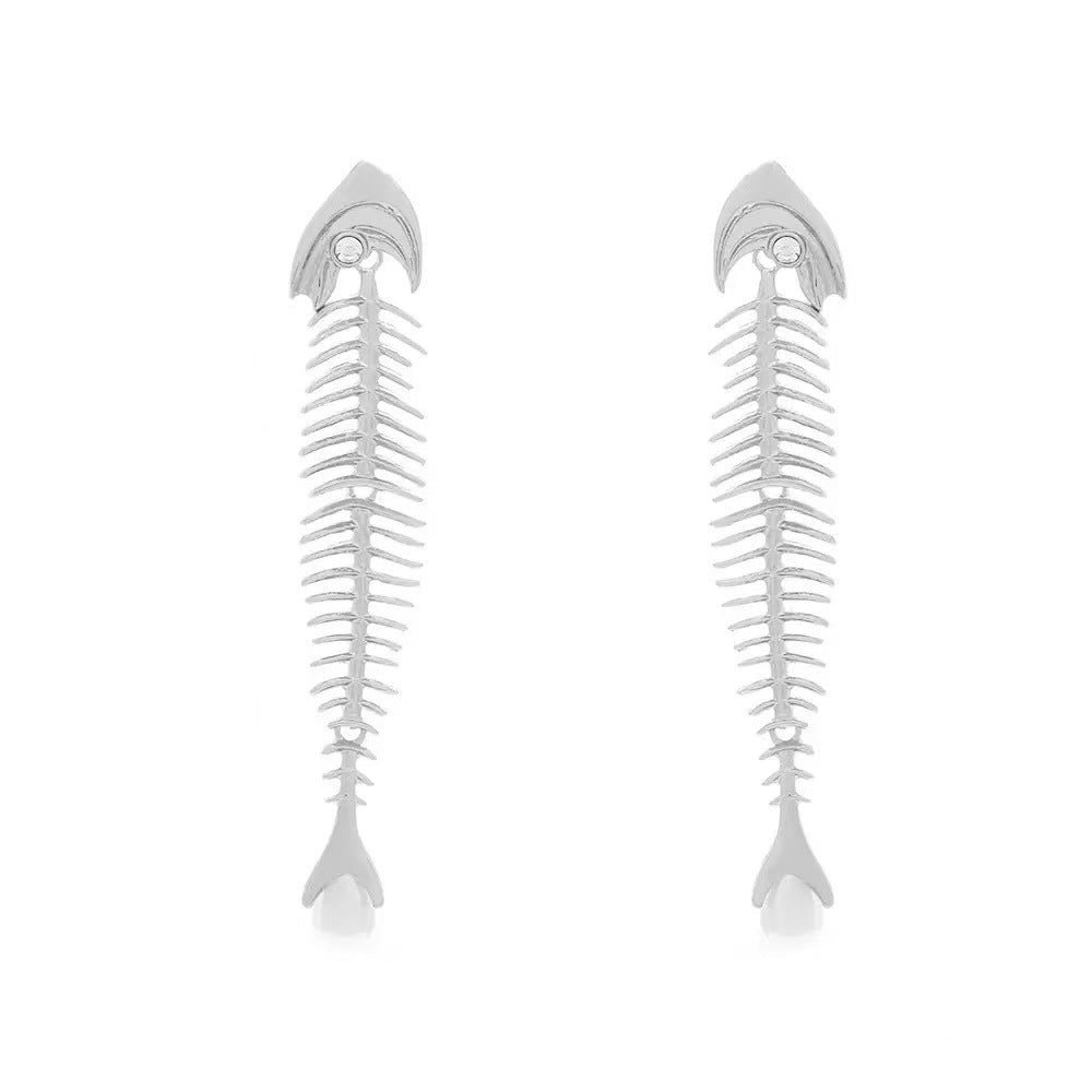 Long Alloy Fishbone Stitching Imitation Pearl Eardrops Design Sense Marine Rings