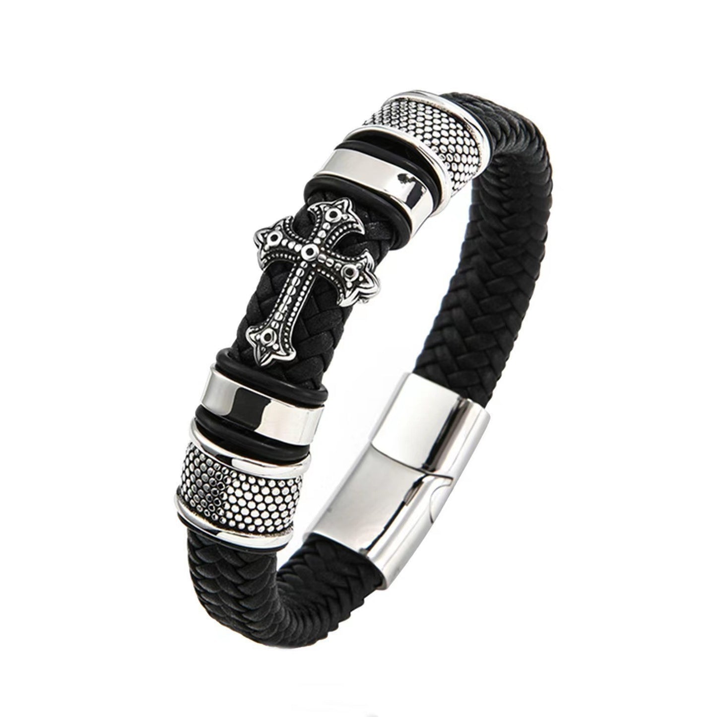 Men's Cross Leather Handmade Braided Rope Magnetic Bracelet