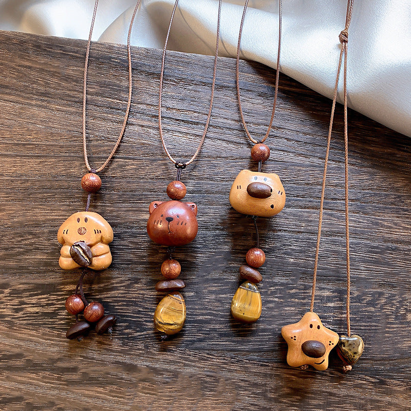 Wooden Tigereye Puppy Bear Female Winter Cute Design Sweater Chain Necklace
