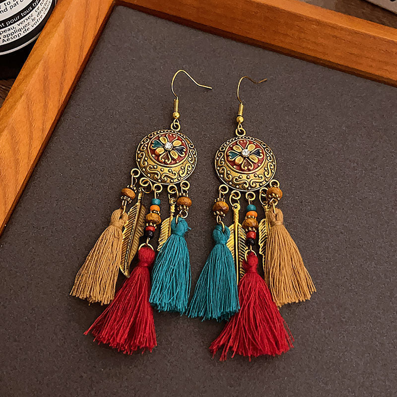 Women's Travel Antique Bohemian Long Fringe High Sense Holiday Nail Ethnic Earrings