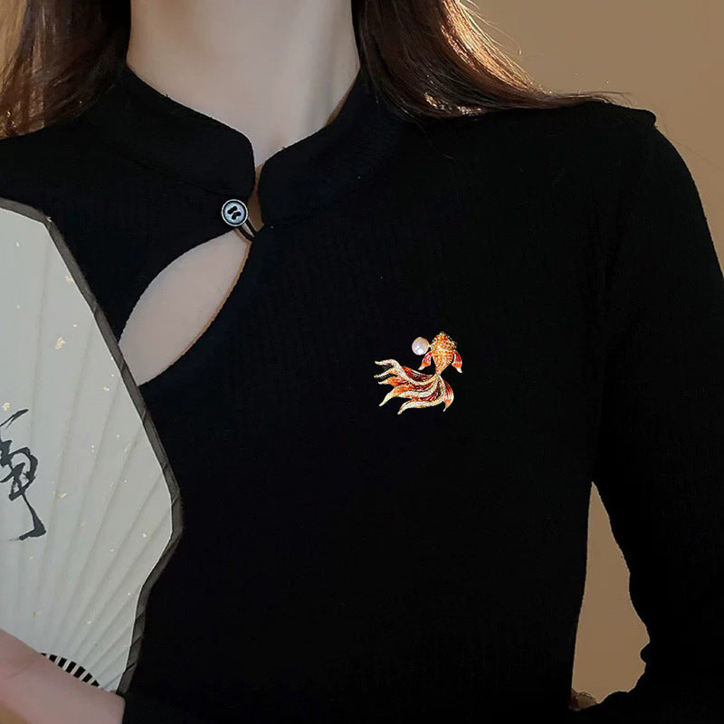Traditional Koi Goldfish Brooch Enamel Gold Zircon Brooches