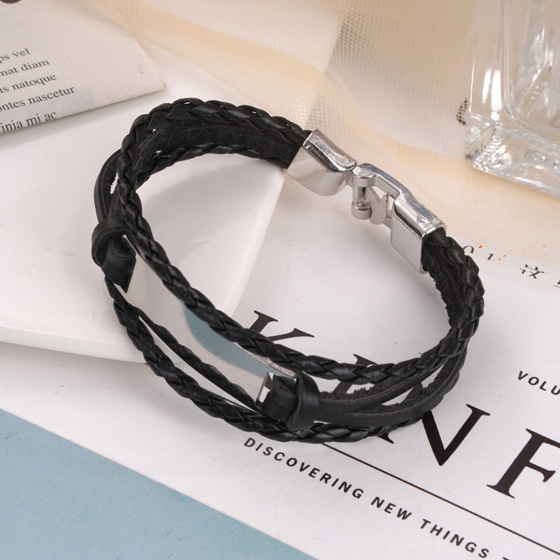 Men's Trendy Simple Woven Leather Glossy Personality Lettering Bracelet
