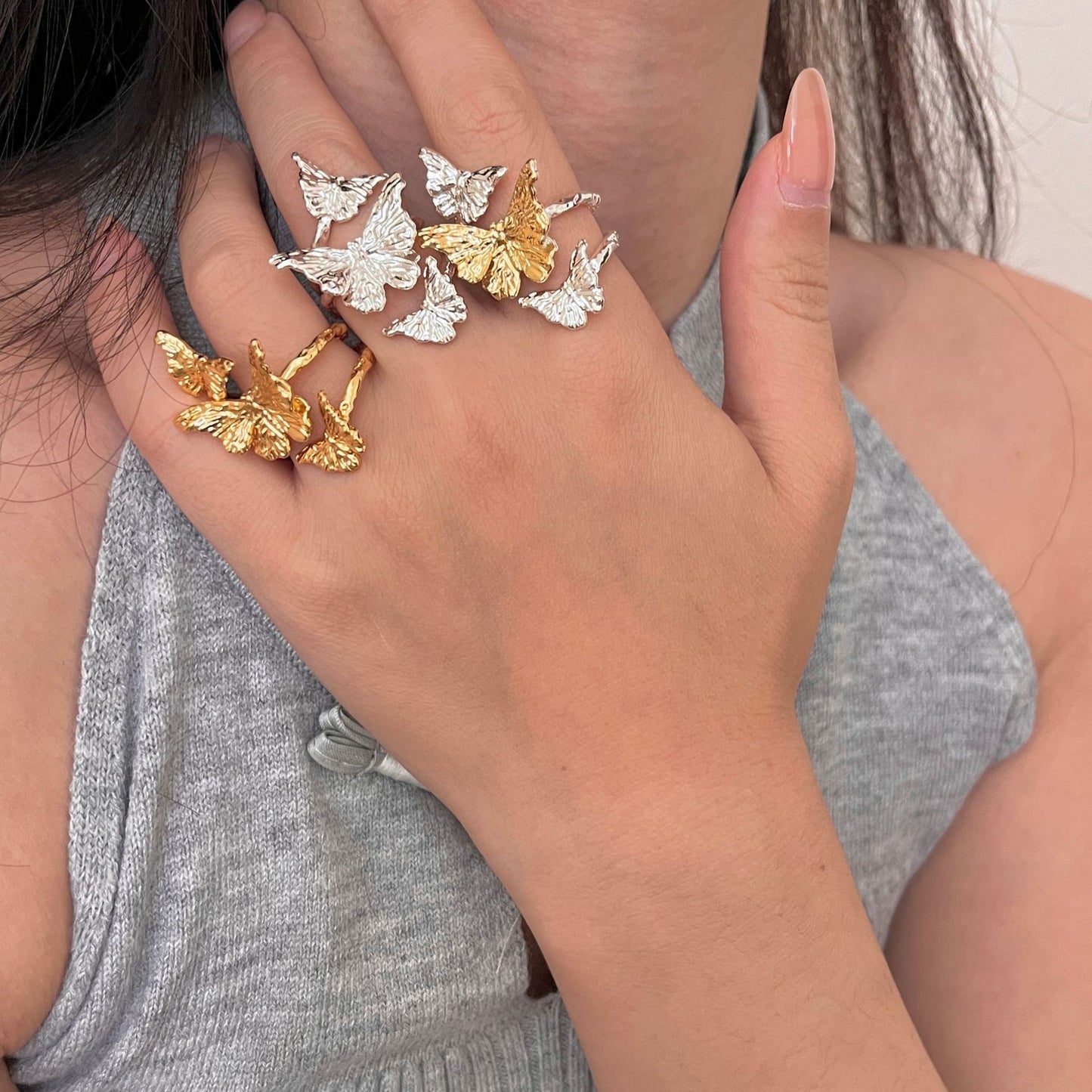 Classic Style Liquid Butterfly Sier Plated Ring