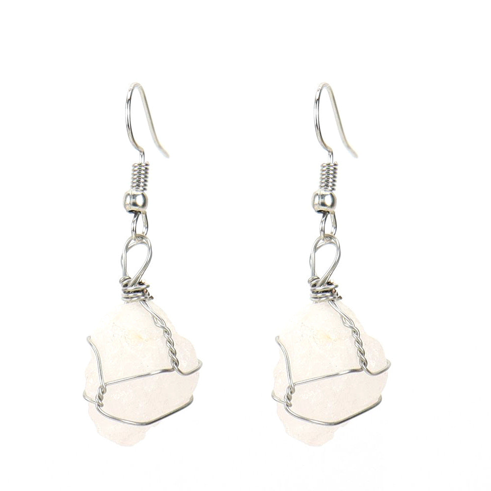 Women's Handmade Sier Winding Natural Stone Rough Crystal Agate Earrings
