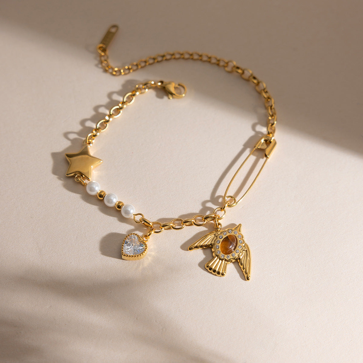 Women's Stainless Steel Pearl Tigereye Flying Bird Light Luxury Bracelet