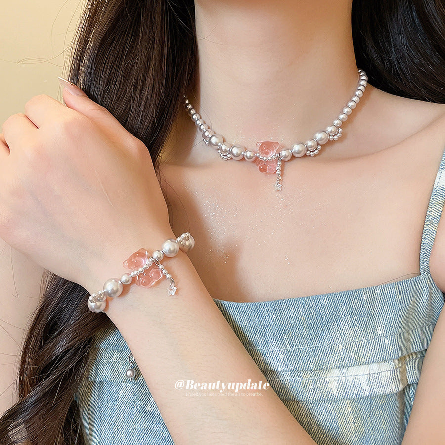 Women's Pink Dripping Oil Loving Heart Zircon Five-pointed Star Whale Saturn Jewelry Set