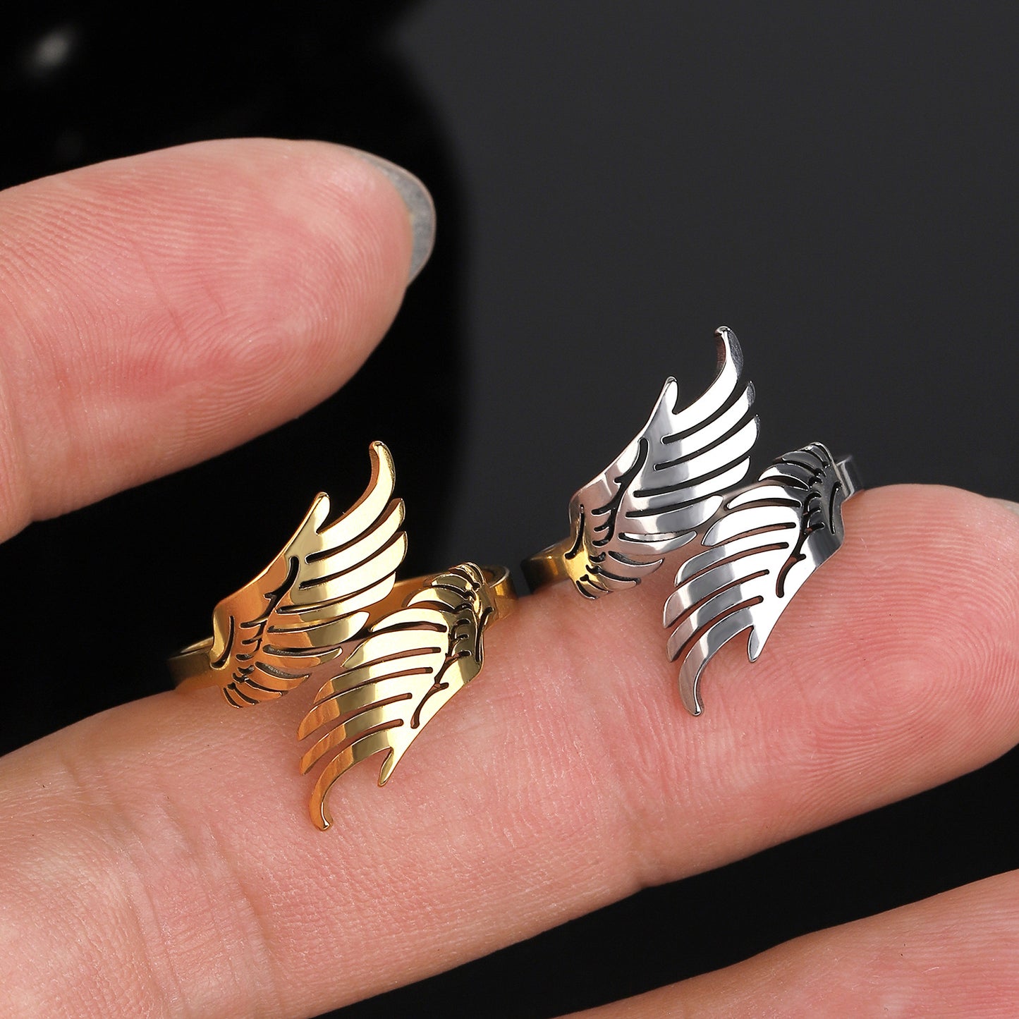 Hip Hop Couple Niche Wings Opening Adjustable Stainless Ring