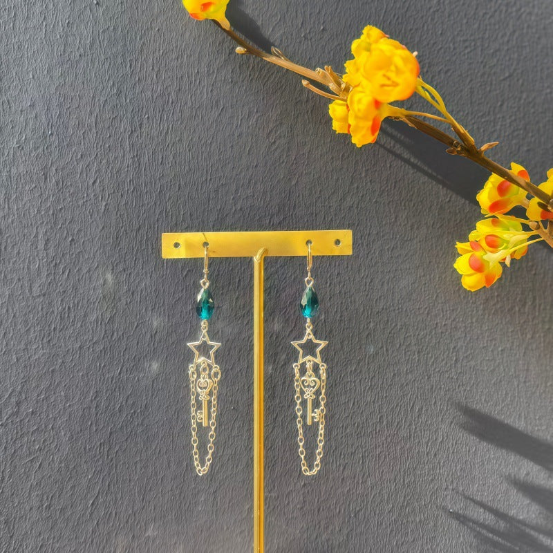 Gothic Five-pointed Star Sapphire Key Halloween Chain Element Earrings
