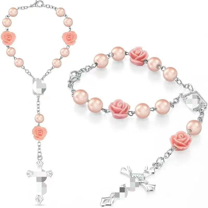 Baptism Communion Beads Cross Pink Flower Bracelets