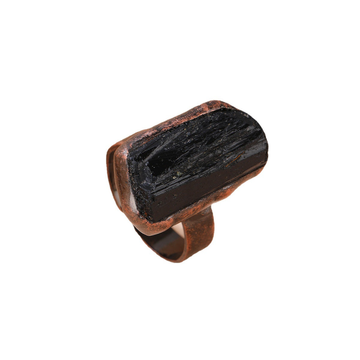 Retro Style Natural Black Tourmaline Unshaped Opening Bronze Electroplating Ring