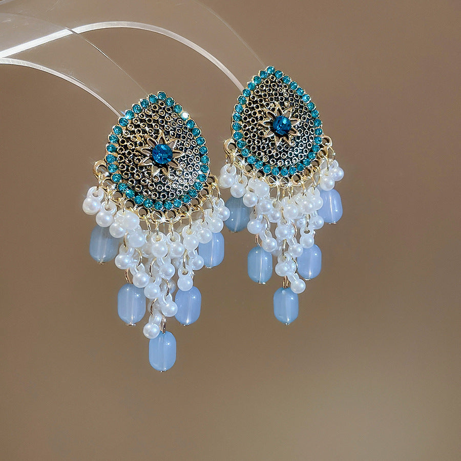 Women's Fresh Blue Fabric Flower Tassel Seaside Vacation Style Light Stud Earrings