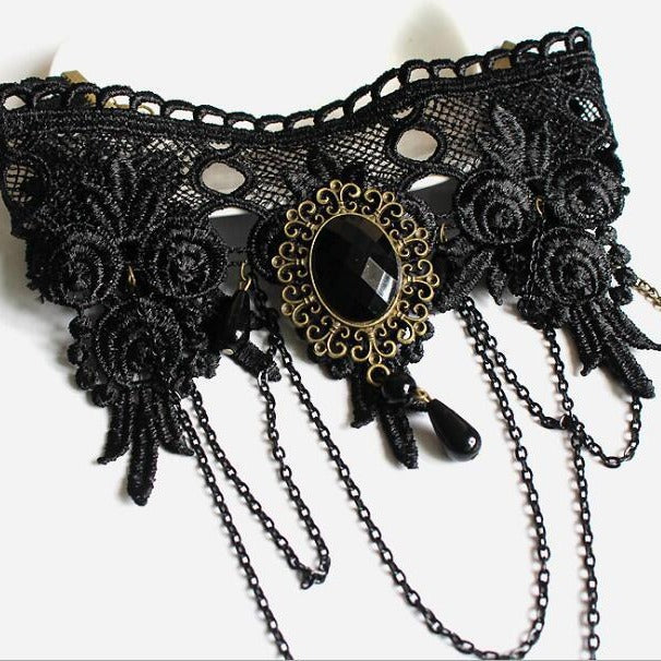 Lace Big Stone Wide Black Punk Necklaces