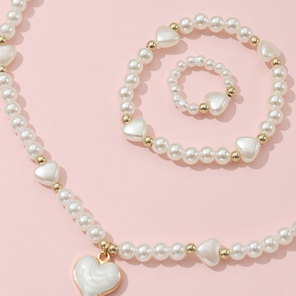 Sweet Loving Heart Imitation Pearl Fashion Jewelry Set