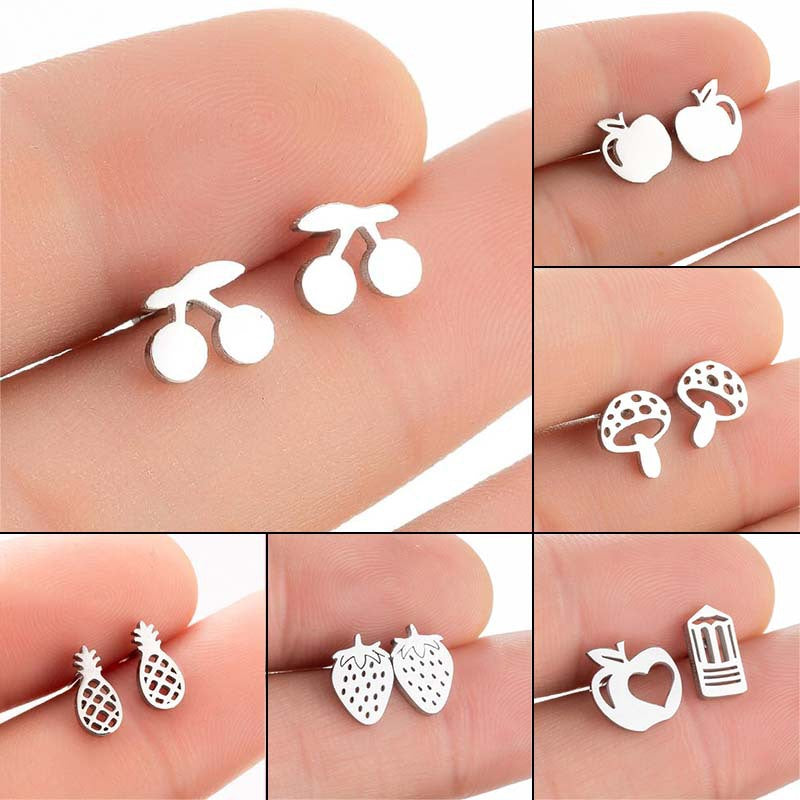 Summer Fruit Ear Fashion Stainless Steel Simple Cherry Apple Strawberry Stud Earrings