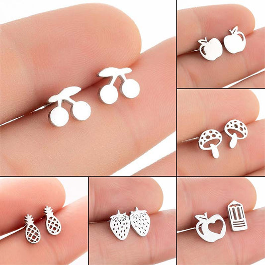 Summer Fruit Ear Fashion Stainless Steel Simple Cherry Apple Strawberry Stud Earrings