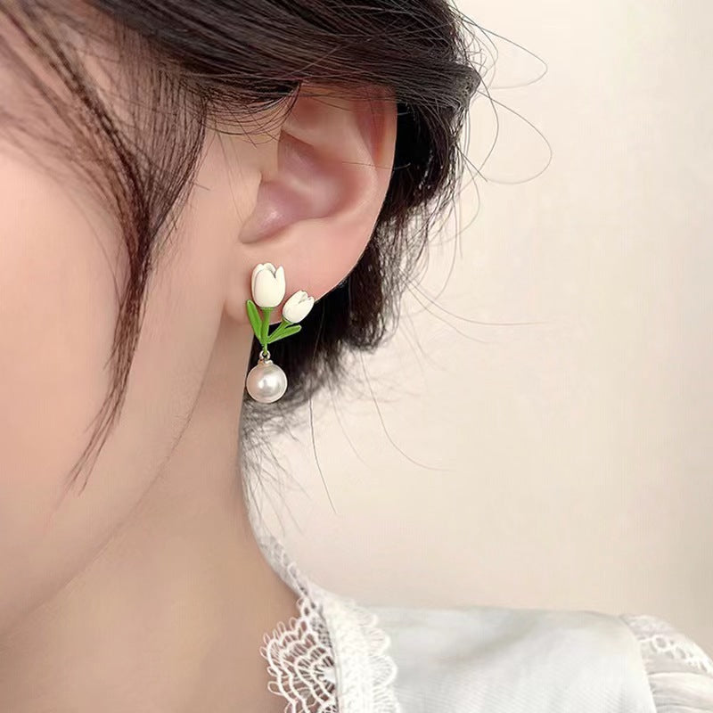 Women's Niche Design Paint Tulip Pearl Fashion Earrings