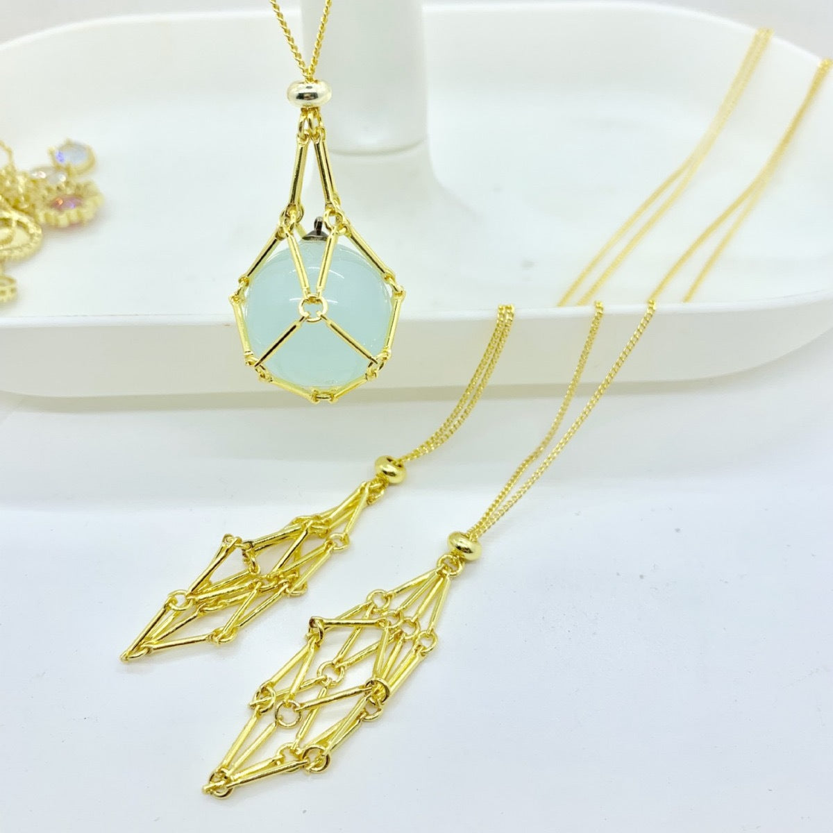 Gold-plated Color Retention Crystal Stone Woven Mesh Bag Dream Catcher Necklace