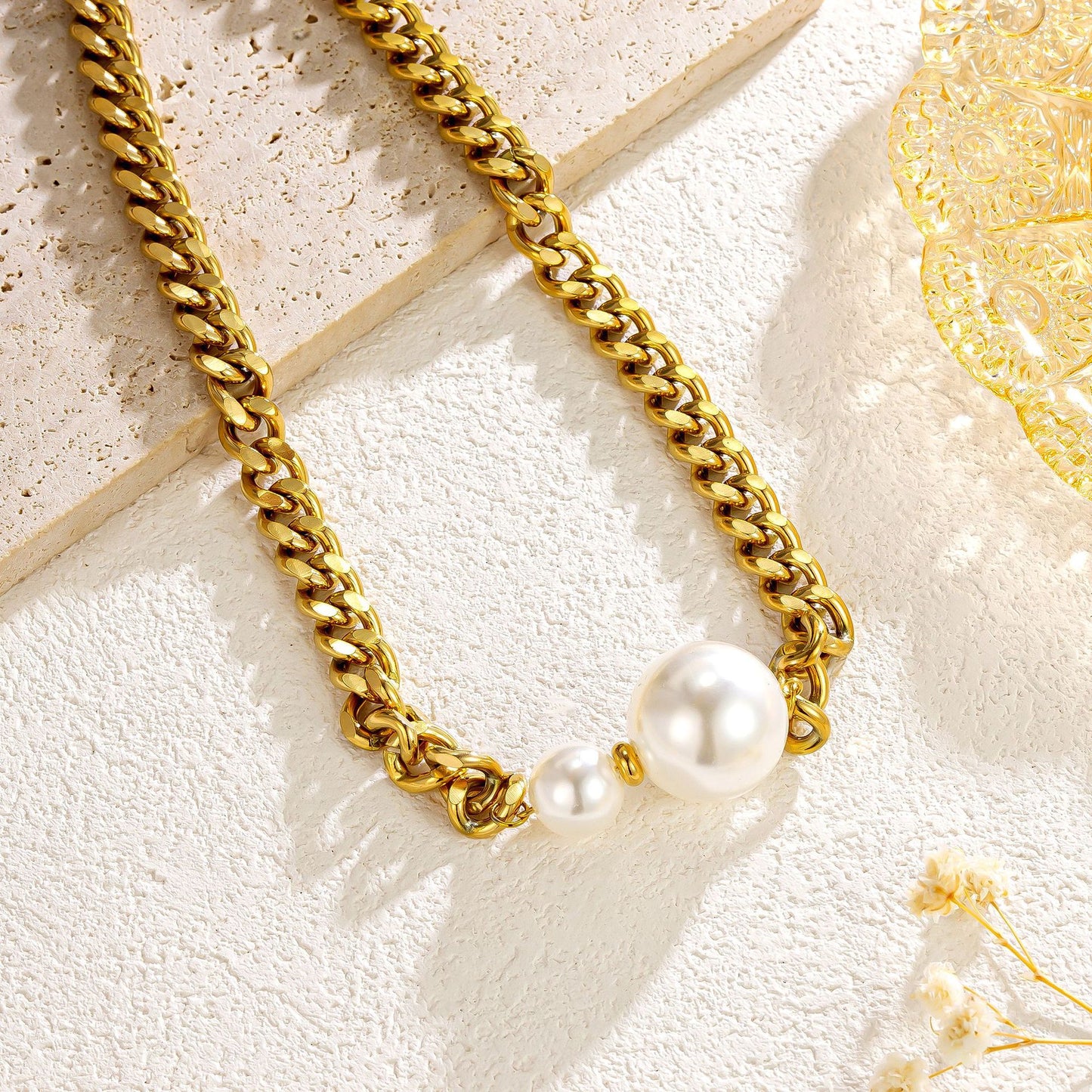 Fashion Personality Size Pearl Grain Connected Gold Metal Necklaces