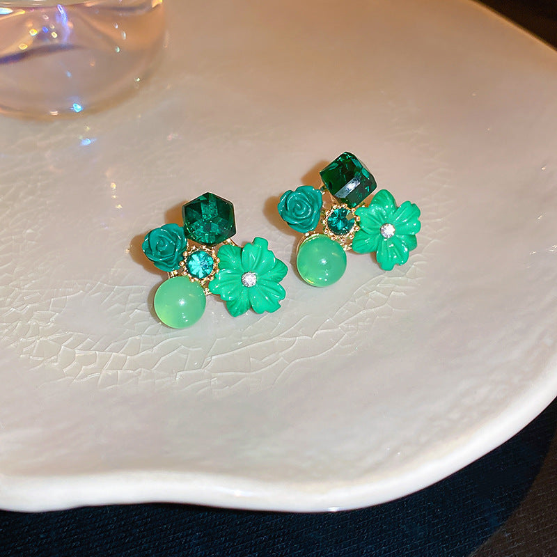 Sier Needle Zircon Geometric Flower Retro Exquisite Earrings