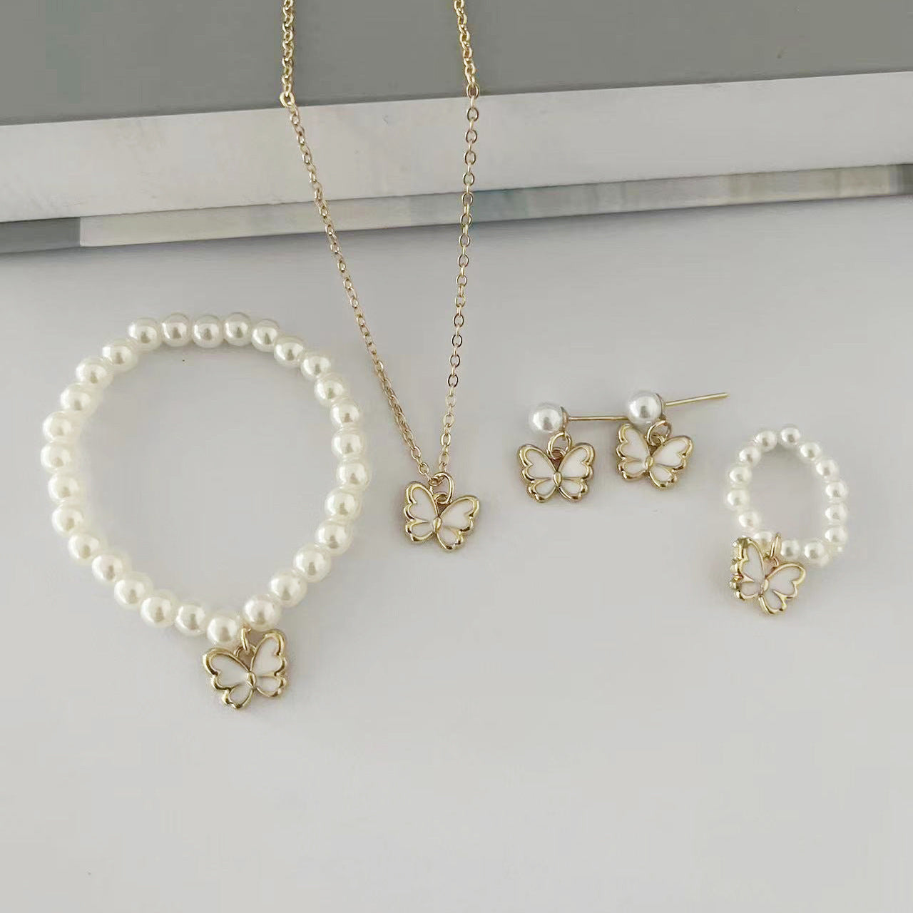 Children's Popular Dripping Oil Butterfly Pearl Female Jewelry Set
