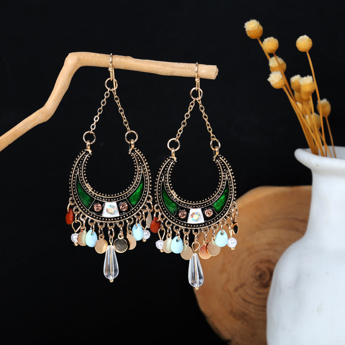 Miao Sier Colorful Long Feather Tassel Rings