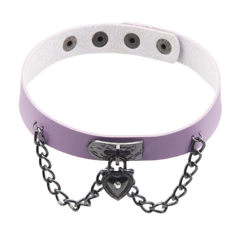Dark Punk Heart Leather Chain Neck Band Peach Style Collar