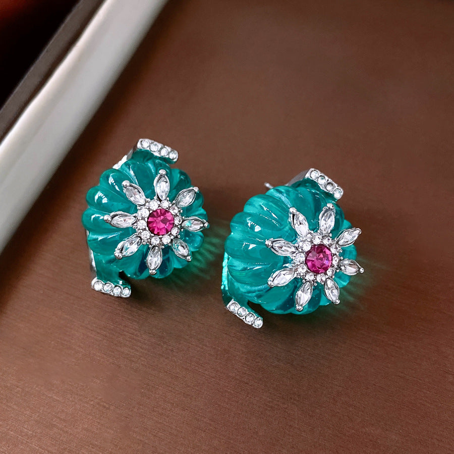 Style Turquoise Blue Diamond Flower Ear Light Luxury Minority Clavicle Necklaces