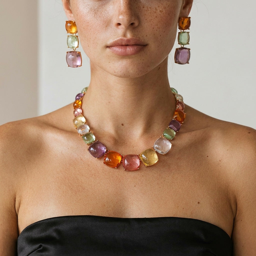 Cube Sugar Gem Female Light Luxury Temperament Color Crystal Dinner Jewelry Set