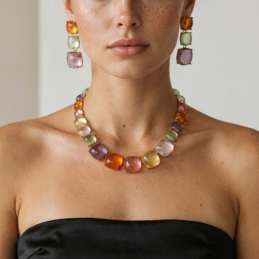Cube Sugar Gem Female Light Luxury Temperament Color Crystal Dinner Jewelry Set