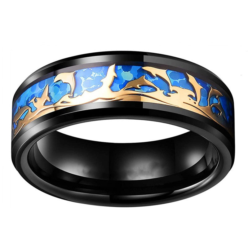 Black On Blue Background Gold Leaf Dolphin Ring