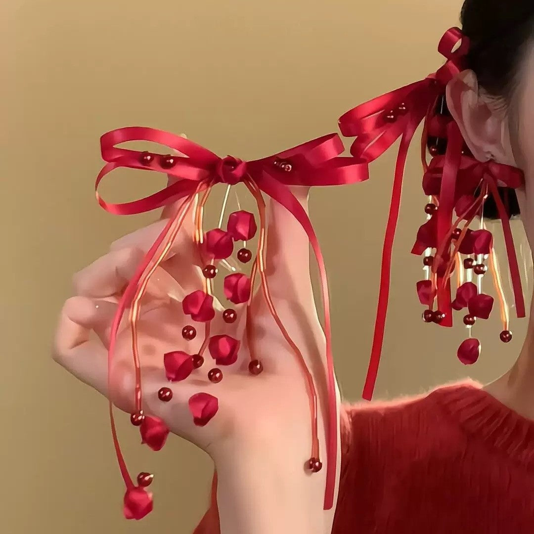 Women's Style Red Bow Flower Tassel Hairpin Special Jewelry Set