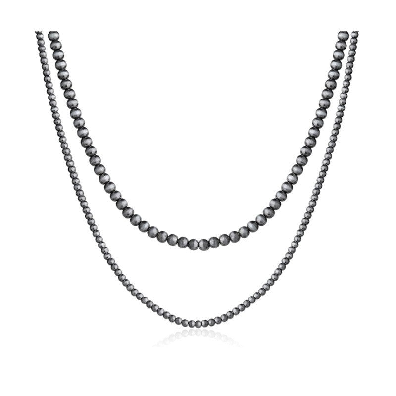 Women's & Men's Brushed Tin Round Beads Navajo Western Style Double Necklaces
