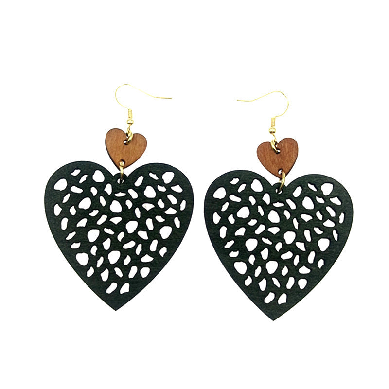 Bohemian Vintage Mesh Cut Wood Piece Geometric Heart Earrings