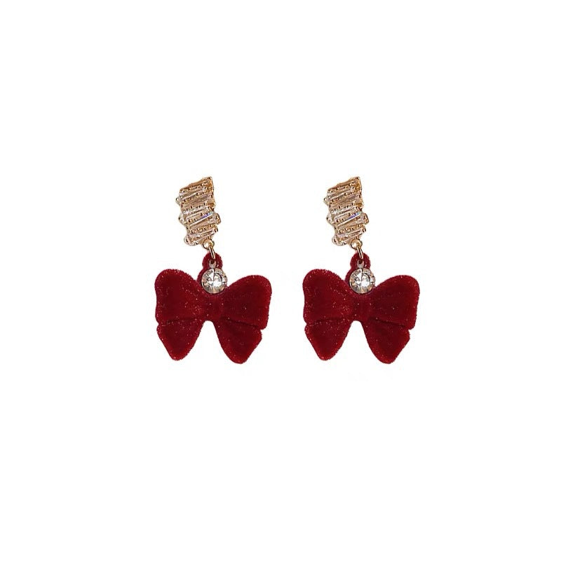 Women's French Retro Festive Red Flocking Bow Earrings