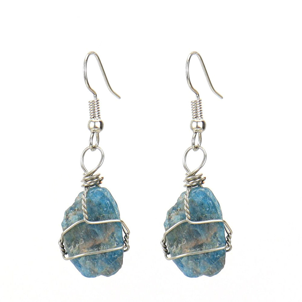 Women's Handmade Sier Winding Natural Stone Rough Crystal Agate Earrings